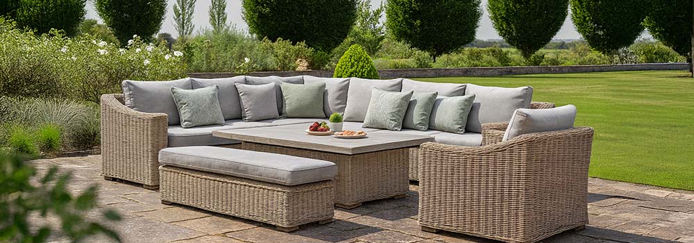large rattan corner sofa set with grey cushions and bench on a paved garden patio surrounded by manicured lawns and tall trees.