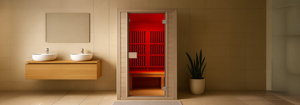 Infrared sauna glowing red inside a contemporary beige bathroom with wood vanity and indoor plant.
