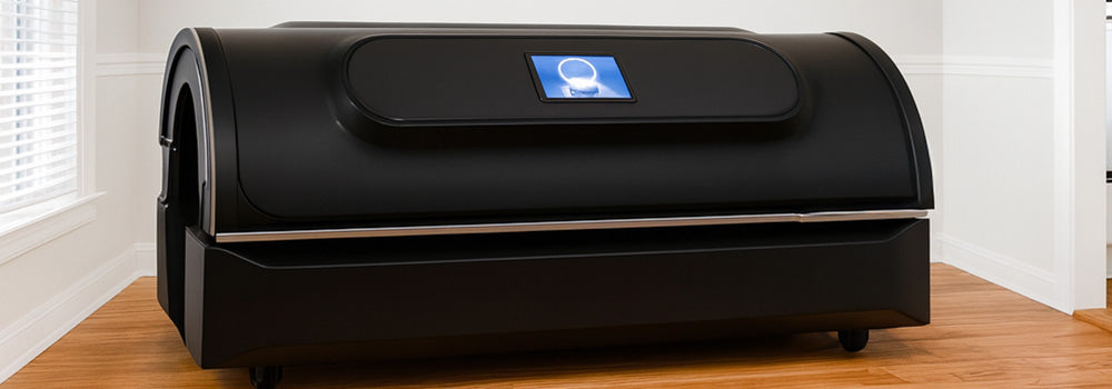 Sleek black full-body red light therapy bed in a modern home wellness room, ideal for at-home photobiomodulation and recovery sessions.