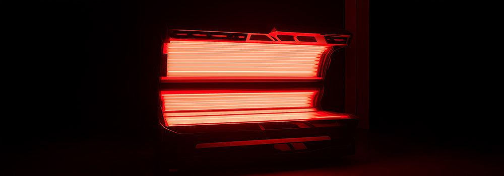 Red light therapy bed glowing in a dark wellness room with open canopy and fluorescent tubes.