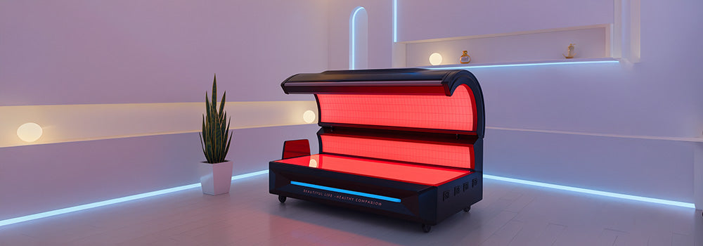 Futuristic spa room with glowing red light therapy bed and modern lighting.