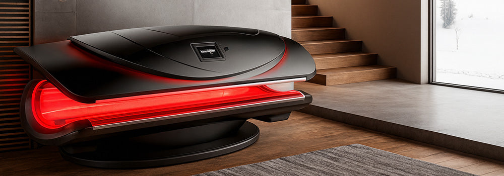 Luxury red light therapy bed in a modern home with concrete walls, wood stairs, and snowy mountain view.