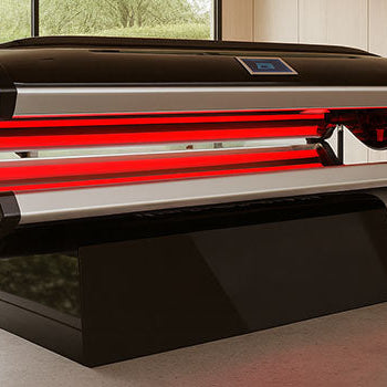 Red light therapy bed in a modern room with light wood walls, large windows, and garden view.