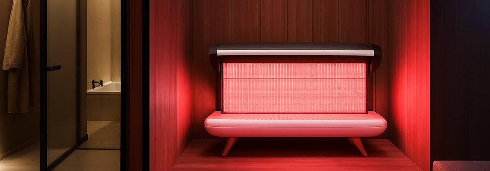 red light therapy bed glowing in a luxurious spa suite with wood paneling and soft ambient lighting.