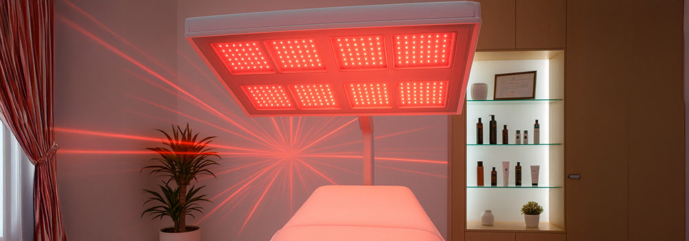 Overhead red light therapy panel illuminating a treatment bed in a modern spa room with skincare shelf and plant.