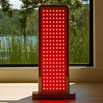 Red light therapy panel glowing beside a large window with lakeside and forest view.