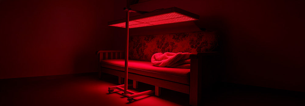 Red light therapy panel glowing above vintage floral sofa with soft blanket.