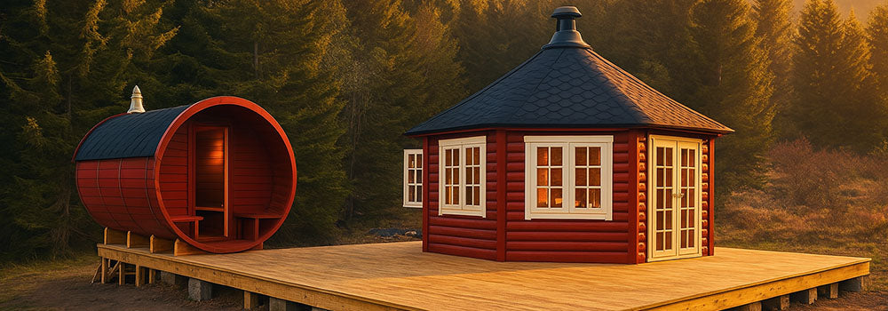 Red barrel sauna and matching octagonal cabin on a raised timber deck, set in a pine forest clearing under warm golden hour sunlight.