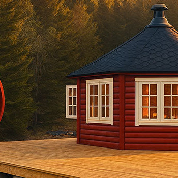 Red barrel sauna and matching octagonal cabin on a raised timber deck, set in a pine forest clearing under warm golden hour sunlight.