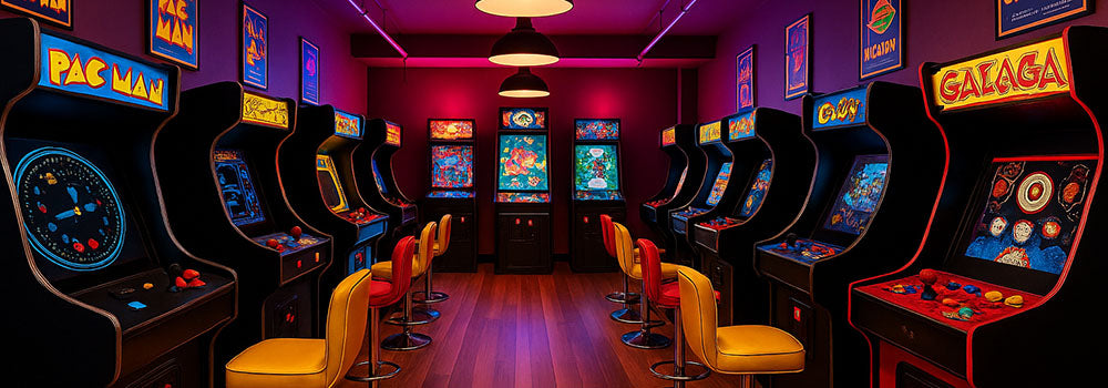 Enhanced retro arcade hall with rows of classic Pac-Man and Galaga machines under warm pendant lights.