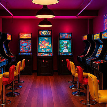 Enhanced retro arcade hall with rows of classic Pac-Man and Galaga machines under warm pendant lights.