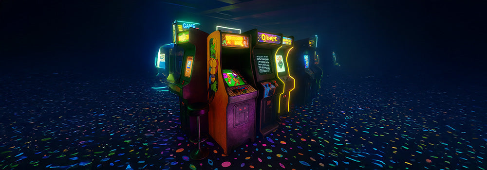retro arcade with classic game cabinets like Q*bert and Dragon's Lair under neon lights and patterned carpet.