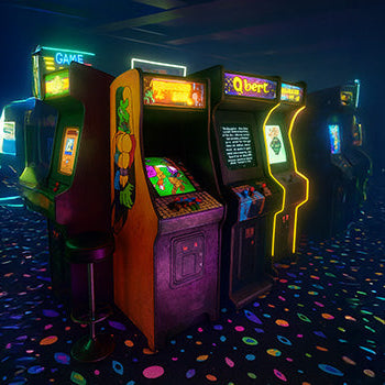 retro arcade with classic game cabinets like Q*bert and Dragon's Lair under neon lights and patterned carpet.