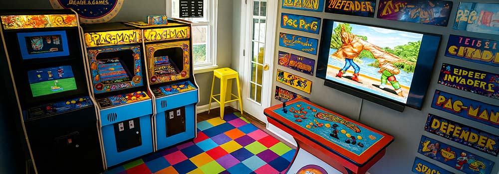 Bright retro arcade room with Pac-Man machines, colorful checkerboard floor, and vintage game wall art.