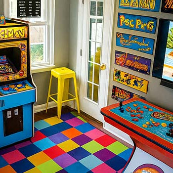 Bright retro arcade room with Pac-Man machines, colorful checkerboard floor, and vintage game wall art.