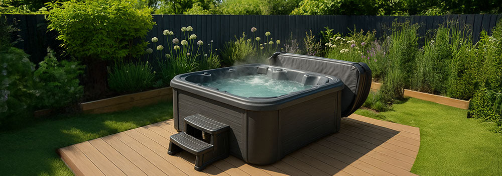 Dark gray rotomoulded hot tub on a sunny garden deck with surrounding flowers.