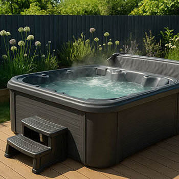 Dark gray rotomoulded hot tub on a sunny garden deck with surrounding flowers.