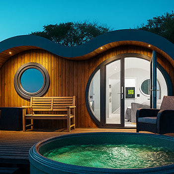 Glowing rotomoulded spa hot tub on a wooden deck outside a designer glamping pod at twilight.