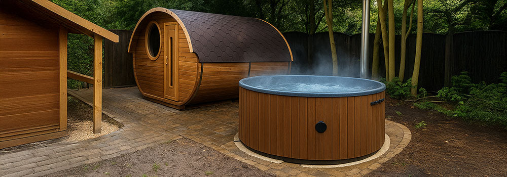 Steaming round wooden hot tub and barrel sauna in a secluded garden setting.