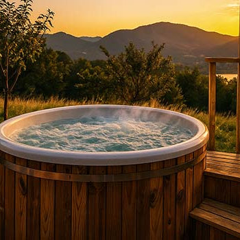 Round wooden hot tub on a rustic hillside deck at sunset.