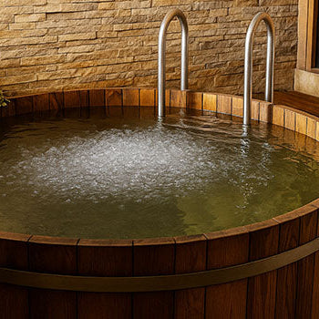Round wooden indoor ice bath with handrails in a spa setting featuring a stone wall and wooden steps.
