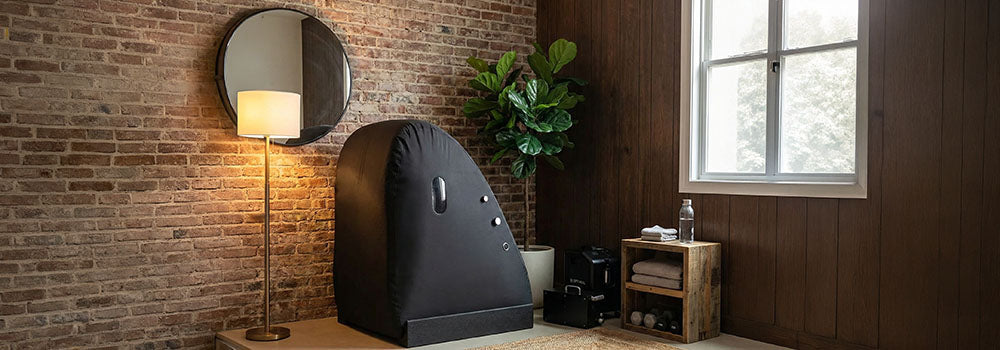 White soft hyperbaric oxygen chamber in a clean, modern wellness room with light wood floors and minimalist decor.