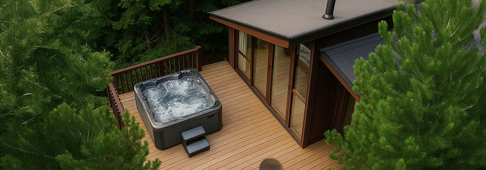 Square hot tub on a wooden deck of a modern forest cabin surrounded by pine trees.