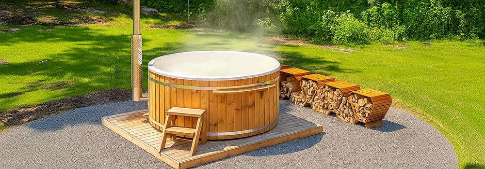 steaming wooden hot tub with firewood storage on a platform in a sunny garden.