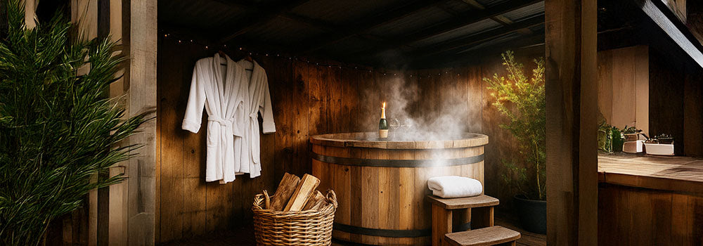 Steaming wooden hot tub in a rustic shelter with bathrobes, towel, and candlelit champagne.