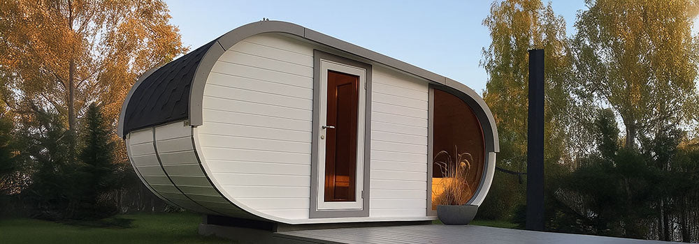 Modern white barrel sauna with curved roof on wooden deck in grassy garden at sunset.