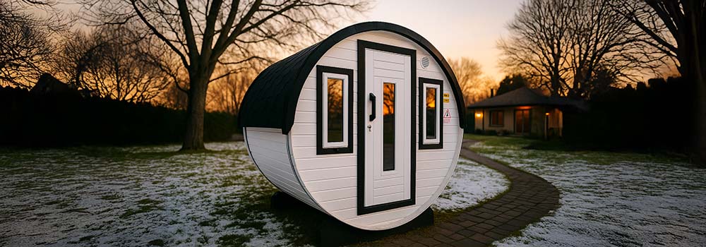 White barrel sauna with black trim in a snowy backyard at sunset with a path leading to a house.