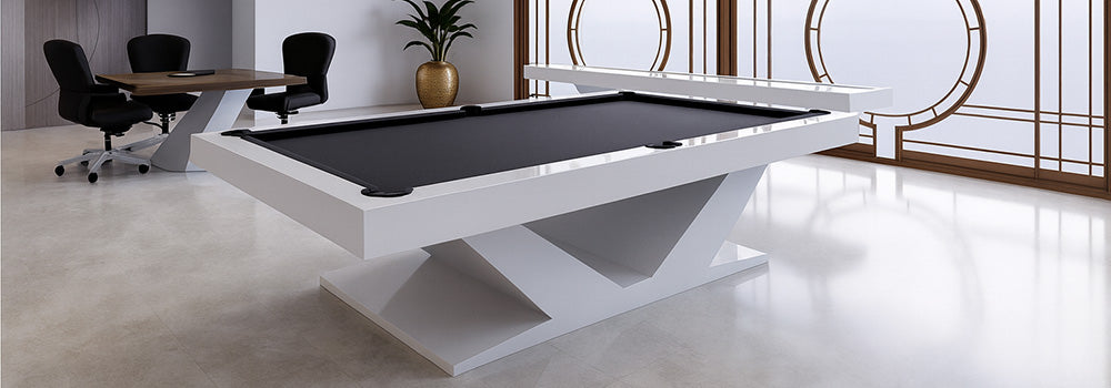 white contemporary pool table with black felt in a minimalist office space with geometric Asian-style windows.