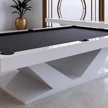 white contemporary pool table with black felt in a minimalist office space with geometric Asian-style windows.