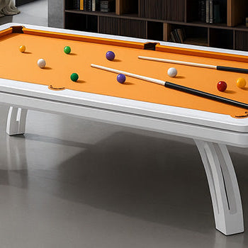 white pool table with orange felt in a modern reading lounge with gray walls and bookshelf backdrop.