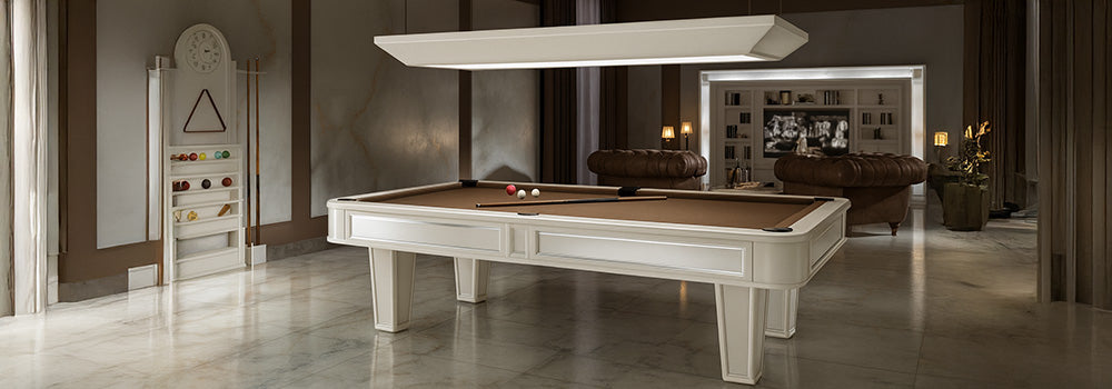 elegant white pool table with taupe felt in a luxurious room with marble flooring, leather sofas, and modern lighting.