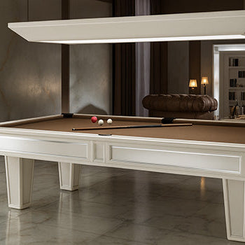 elegant white pool table with taupe felt in a luxurious room with marble flooring, leather sofas, and modern lighting.