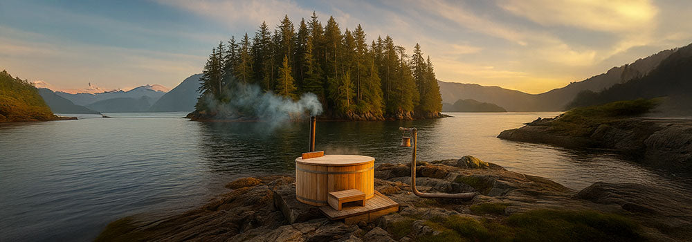 Steaming wood-fired hot tub on rocky shore facing forest island at sunset.