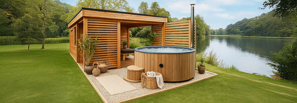 Round wood-fired hot tub bubbling beside modern sauna cabin on lakeside lawn.