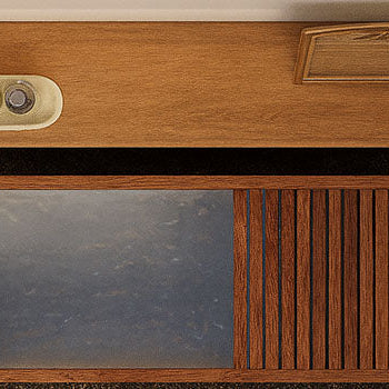 Top-down view of a wooden ice bath in a modern spa bathroom with accessories and indoor plant.