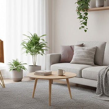 Stylish wooden arcade cabinet with vivid neon side panels and classic joystick controls, featuring a built-in Nintendo Switch, placed in a bright and modern minimalist living room with Scandinavian décor.