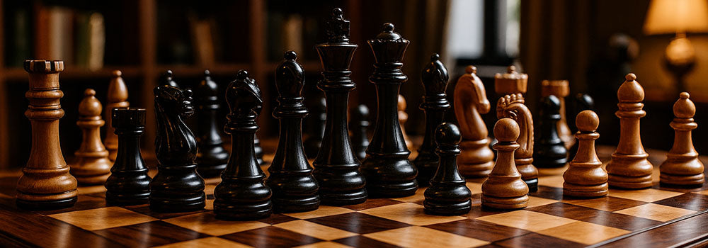 Luxury wooden chess set on polished chessboard in elegant library with ambient lighting.