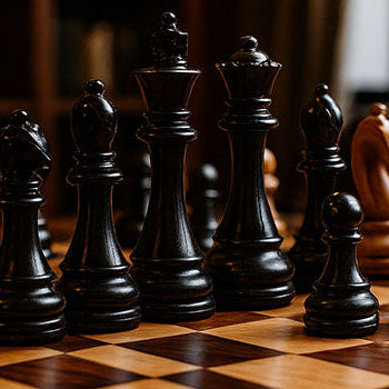 Luxury wooden chess set on polished chessboard in elegant library with ambient lighting.