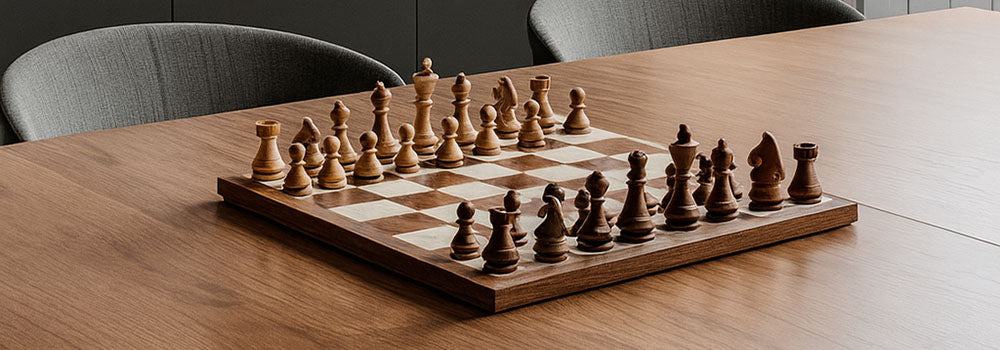 Classic wooden chess set on minimalist dining table in neutral-toned modern interior.