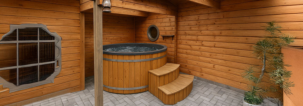 Round wooden hot tub in a timber-walled patio with curved steps and rustic lantern.