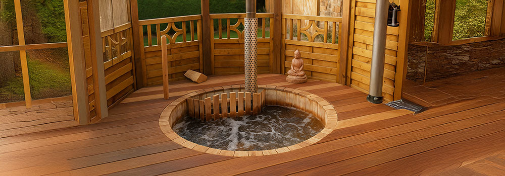 Round wooden hot tub built into a rich timber deck with privacy screen, central stove, and small statue in a sunny garden.