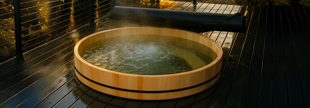 Steaming wooden hot tub on a wet deck at sunset with rolled-up cover.