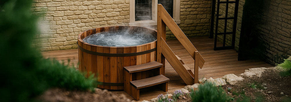 Steaming wooden hot tub on a deck beside a stone house with garden view.