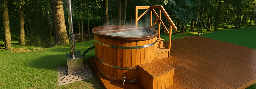 Wooden hot tub with steaming water on a sunny deck beside a forest, with stairs and a stainless steel wood-fired heater.