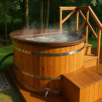 Wooden hot tub with steaming water on a sunny deck beside a forest, with stairs and a stainless steel wood-fired heater.