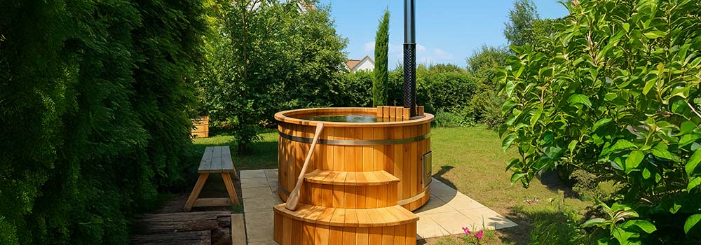 Traditional wooden hot tub with chimney in a sunny garden surrounded by trees and greenery.